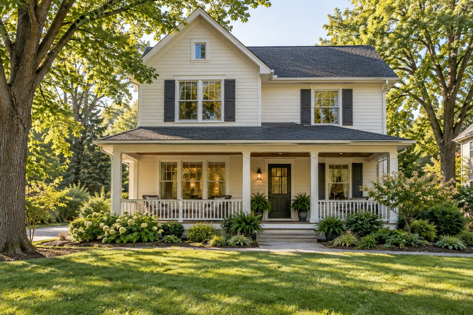 AI-generated two-story home with a covered porch and mature trees